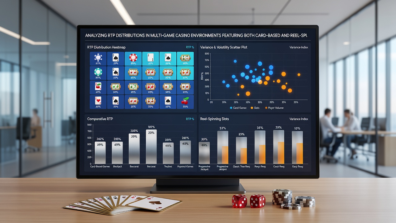 Data visualization dashboard displaying RTP distribution curves for blackjack tables versus slot banks over a monthly period