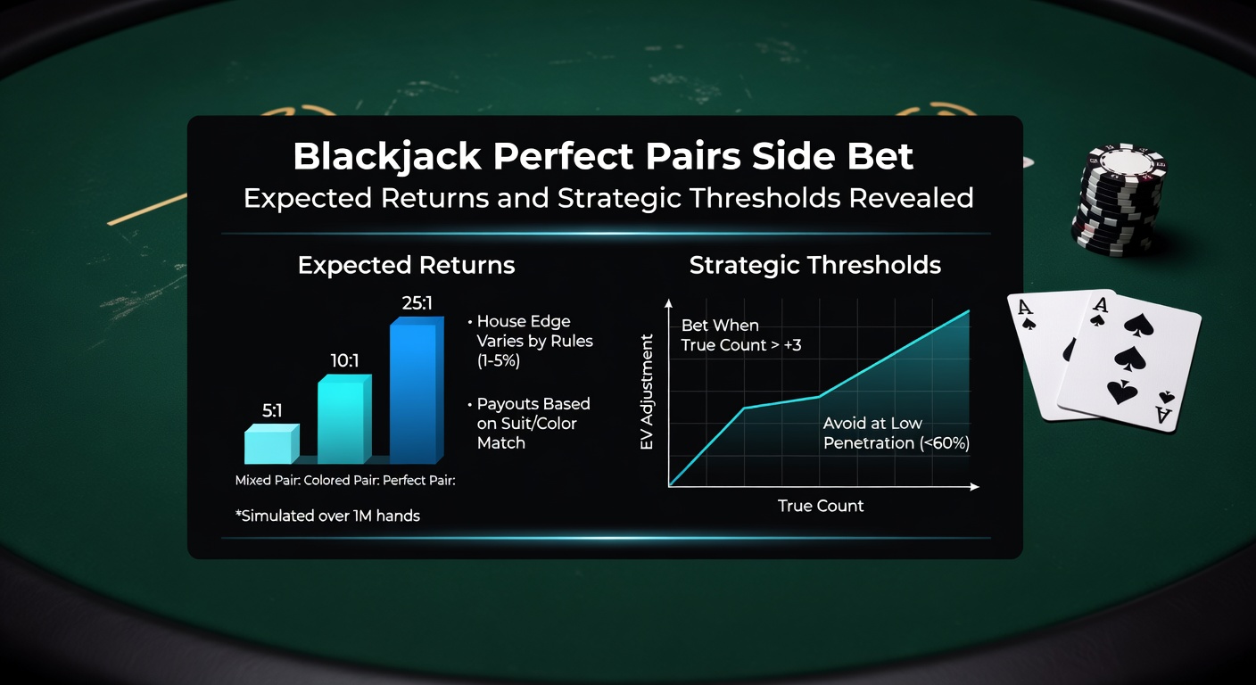 Digital chart displaying Perfect Pairs payout probabilities and house edges across various deck configurations, with color-coded bars for mixed, colored, and perfect pairs
