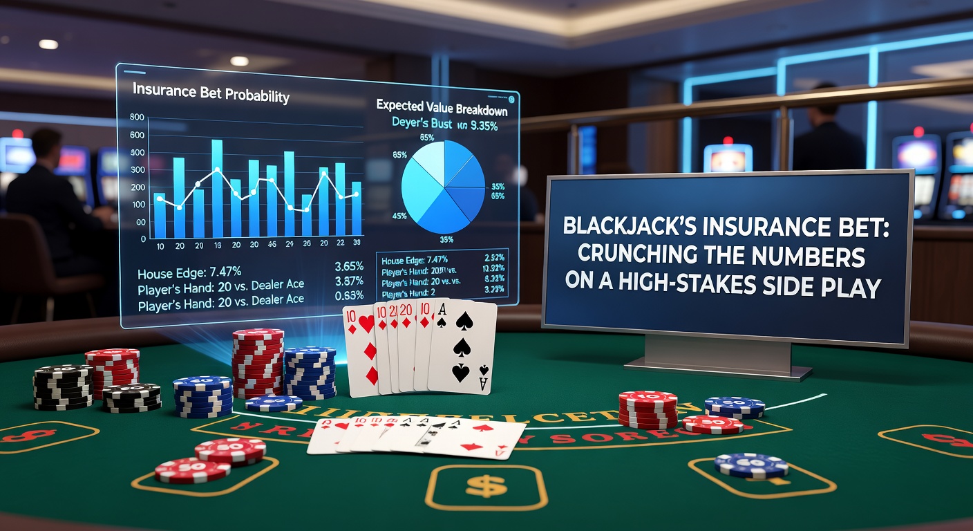 Mathematical chart displaying blackjack insurance probabilities across single-deck to eight-deck games, with house edge percentages highlighted