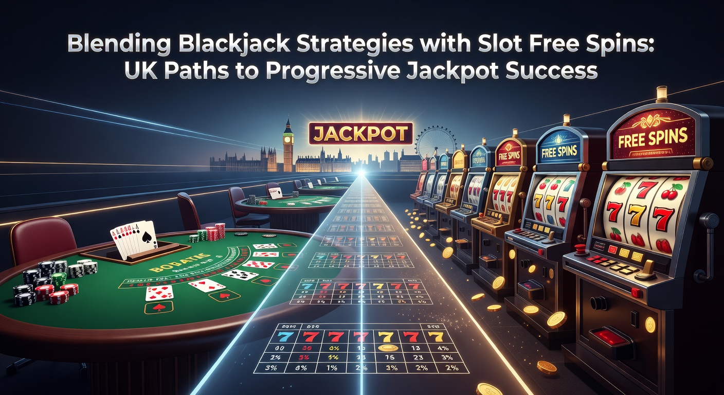 Close-up of a progressive jackpot meter climbing alongside blackjack chips and free spin icons, illustrating UK player pathways to blended wins