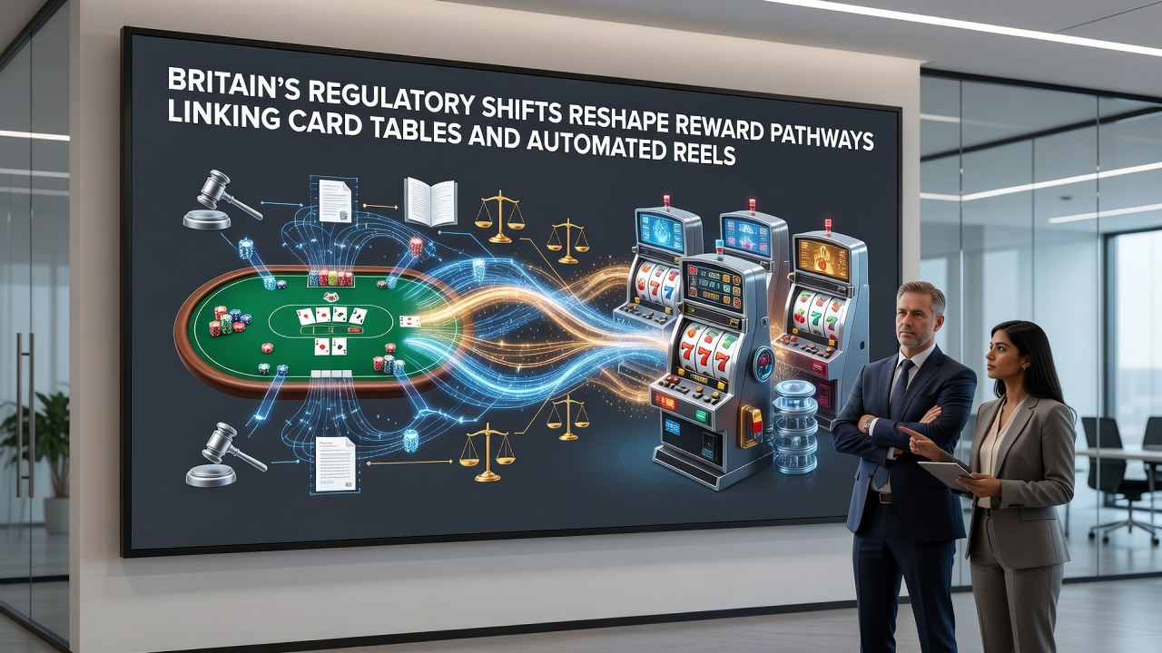 Casino floor showing interconnected blackjack tables and rows of slot machines with reward displays