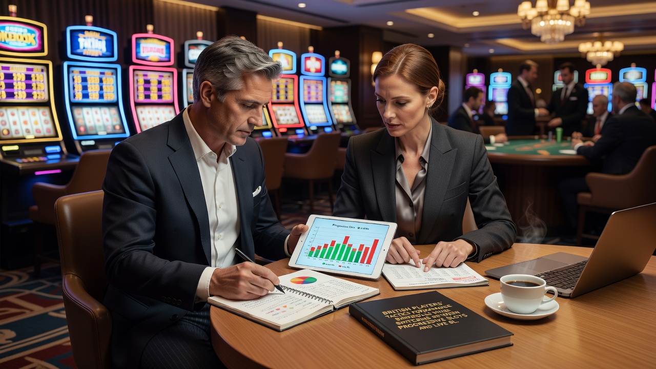 Split-screen view of a progressive slot jackpot counter beside a live blackjack table with chip stacks arranged according to predetermined bankroll percentages