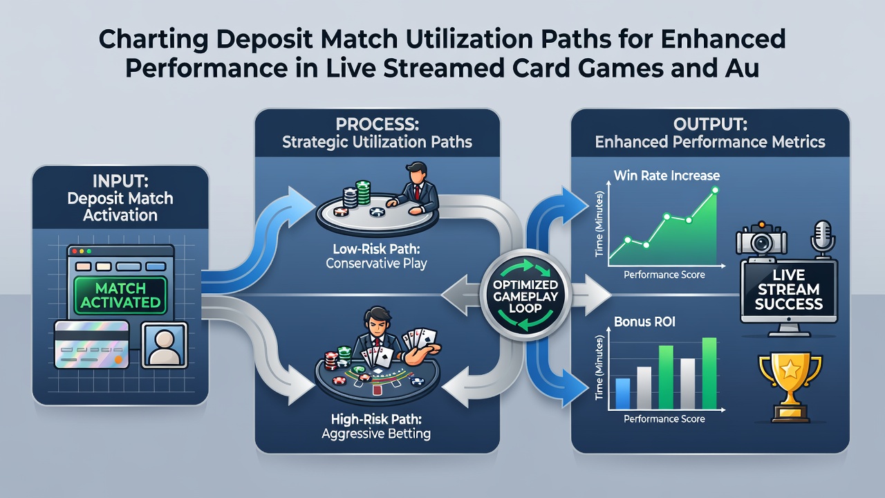 Flowchart illustrating deposit match paths leading into automated jackpot features within live card game environments