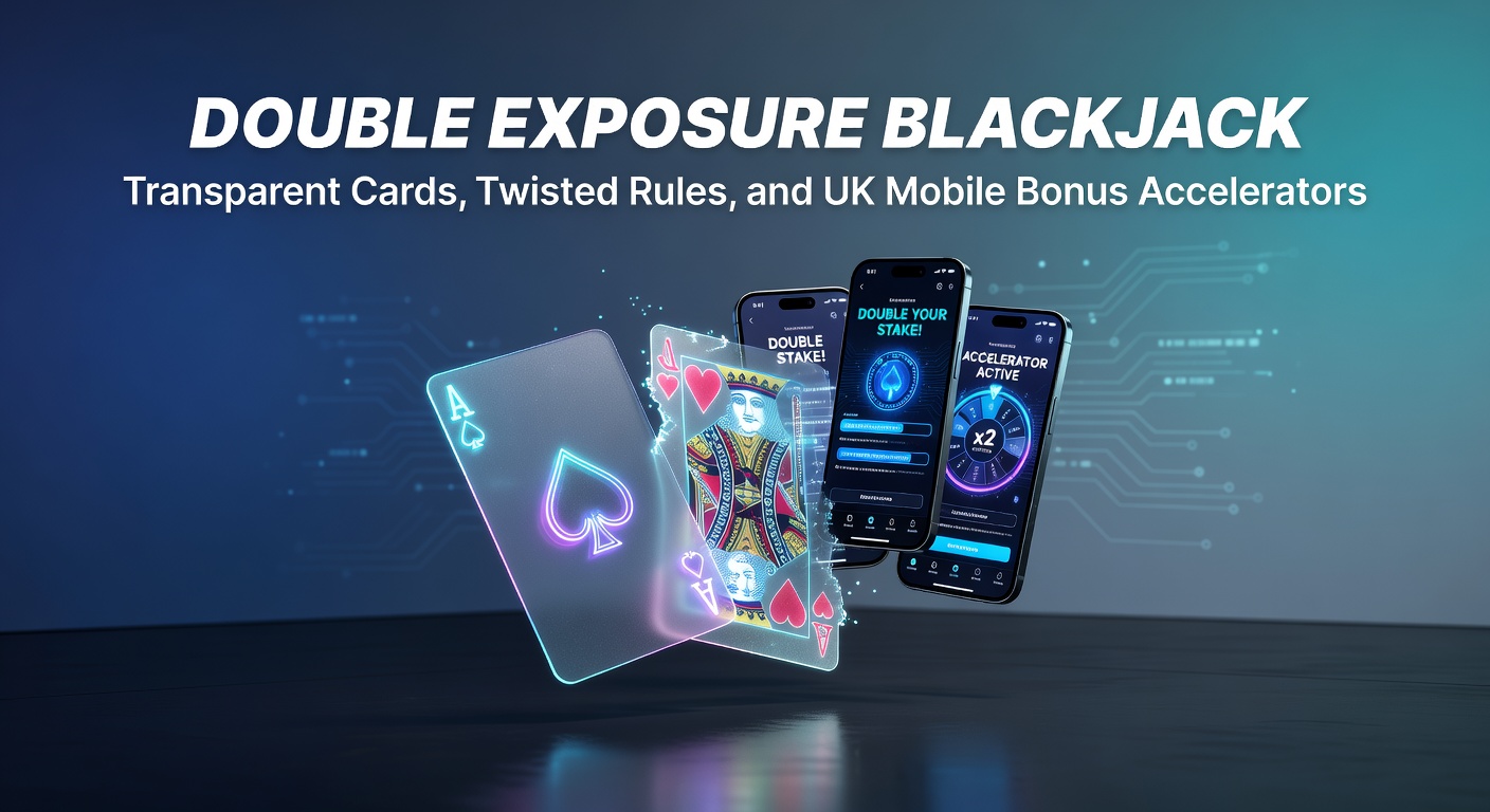 Mobile screen showing Double Exposure Blackjack on a UK casino app, with bonus meter accelerating and transparent dealer cards displayed