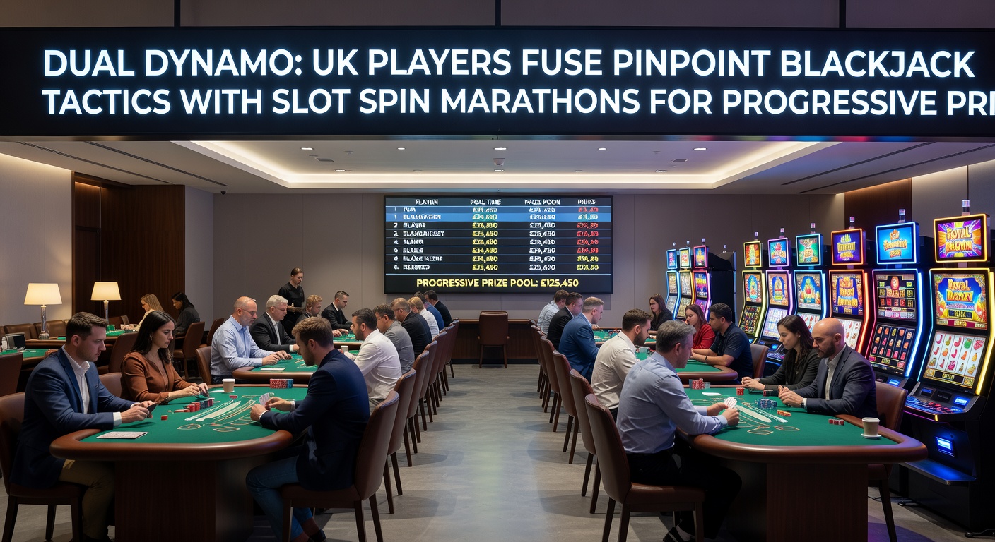 Dynamic split-screen of blackjack strategy chart beside a glowing progressive slot jackpot, UK flag overlay