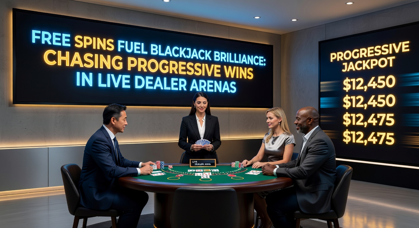 Close-up of a live dealer announcing a progressive jackpot win at a blackjack table, with free spins bonus icons overlayed, capturing the thrill of bonus-fueled high-roller action