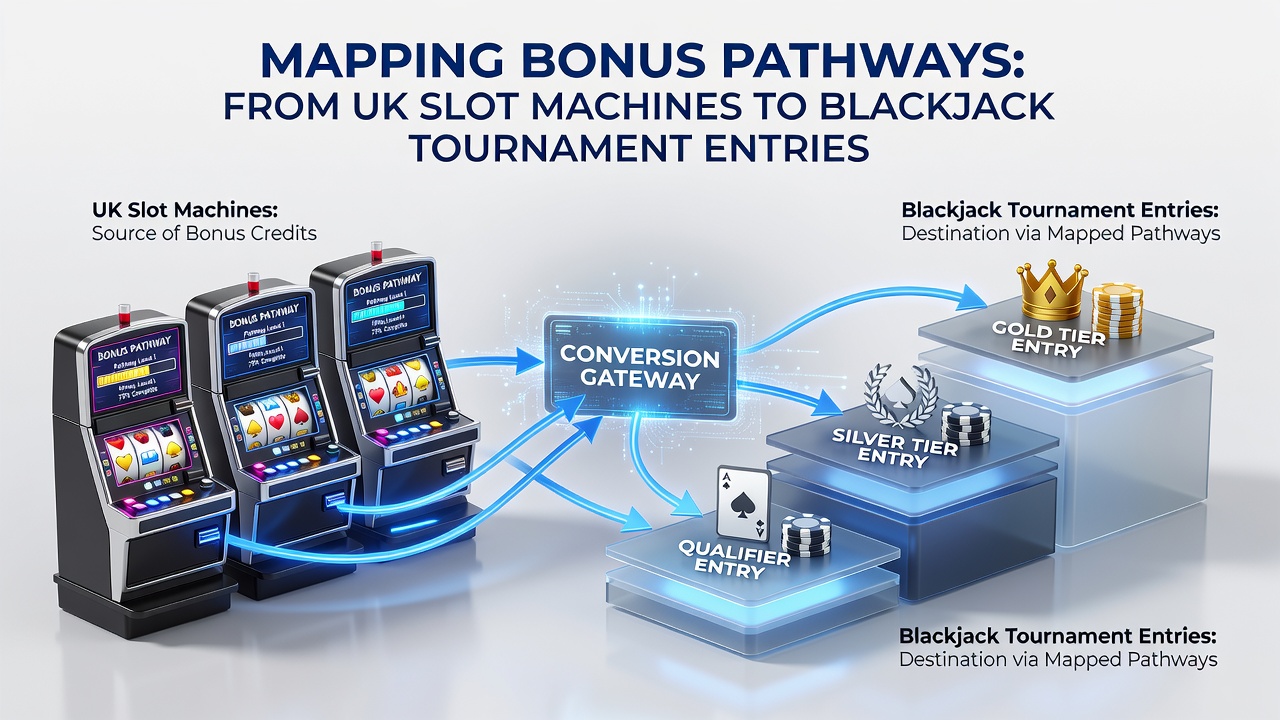 Screenshot of a UK casino loyalty dashboard displaying slot bonus progress bars leading into blackjack tournament entry options