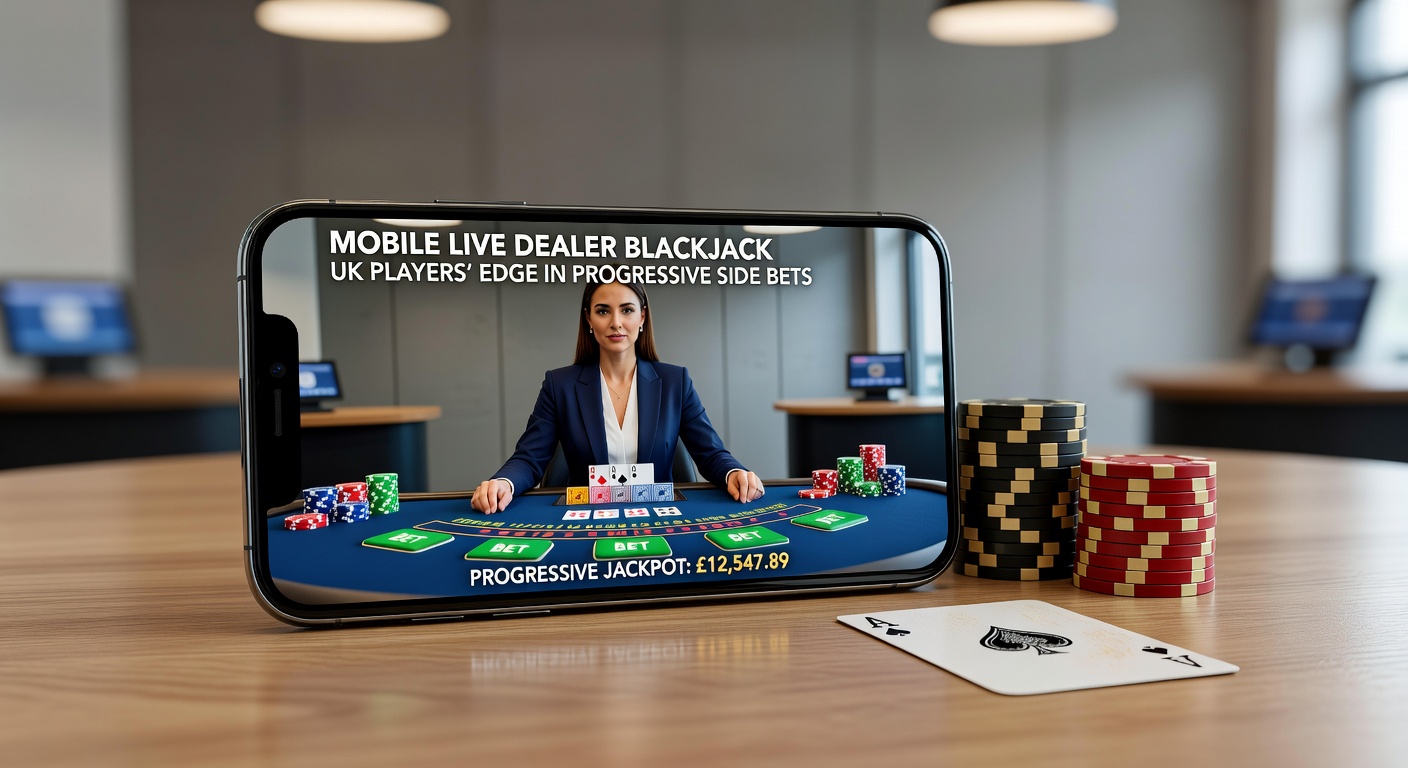 Close-up of a mobile blackjack interface showing active progressive side bet meters glowing with escalating prize amounts beside dealer cards