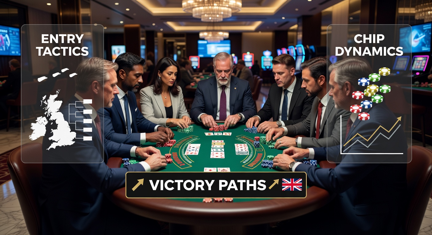 Close-up of chip stacks during a tense UK blackjack tournament round, with players calculating bets amid escalating tension