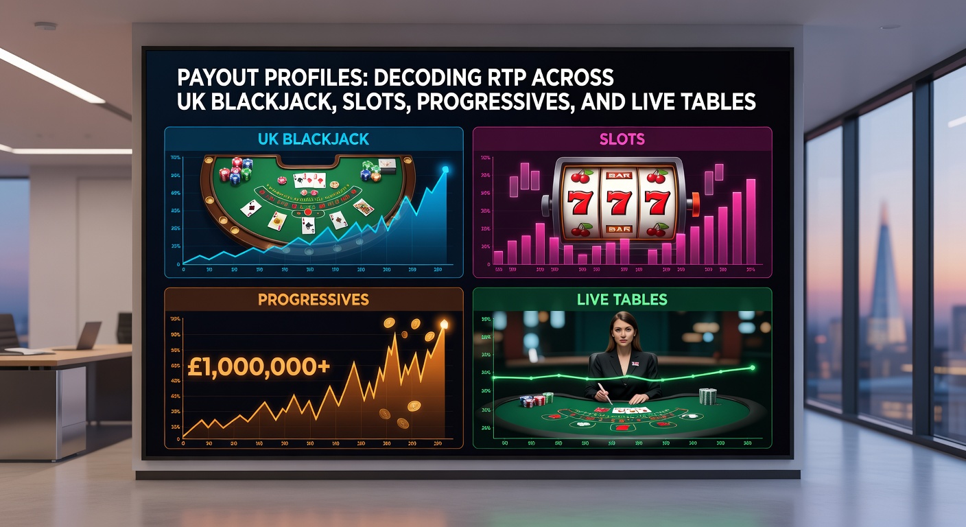 Close-up of spinning slot reels with progressive jackpot meter rising alongside RTP info overlays and blackjack cards in the background