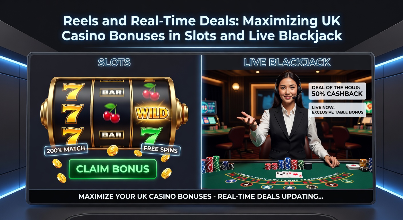 Live dealer dealing blackjack cards at a high-stakes UK casino table, with overlaid bonus icons and promotional banners emphasizing real-time offers