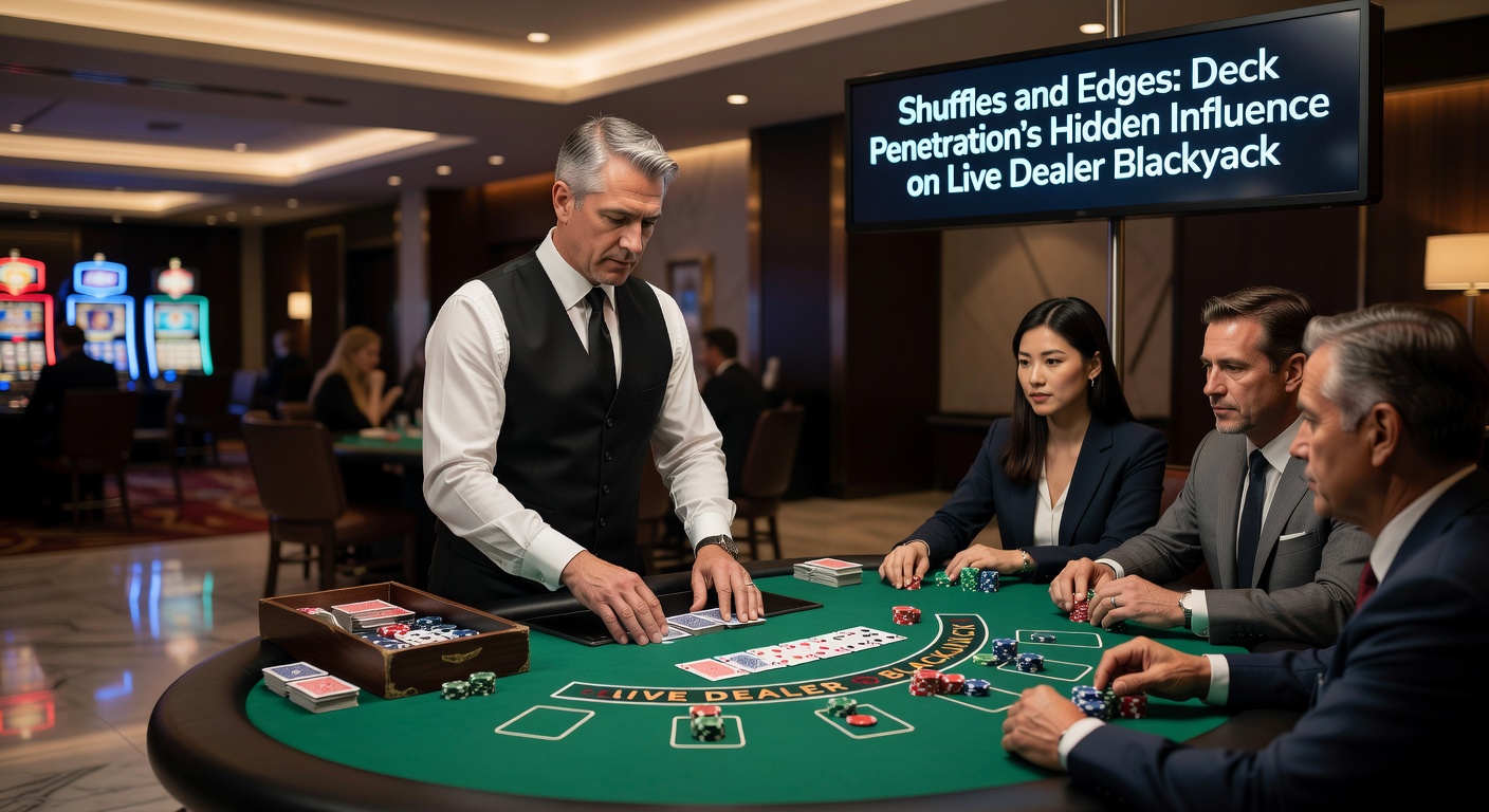 Live dealer at a high-tech blackjack table mid-shuffle, discard tray nearly full indicating deep deck penetration, with digital overlays showing game stats