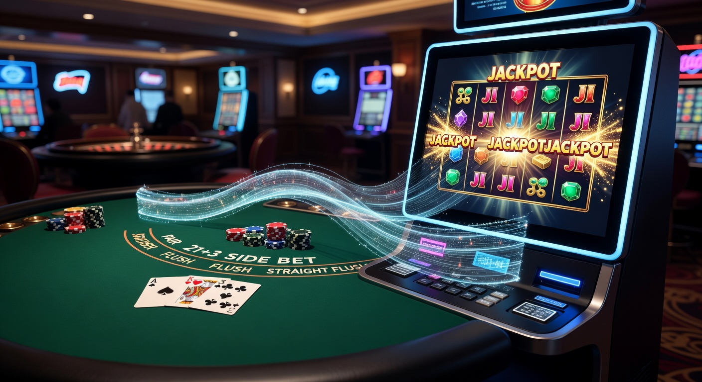 Vibrant slot machine screen showing a massive progressive jackpot ticking up, with blackjack cards overlayed to echo 21+3 wager excitement