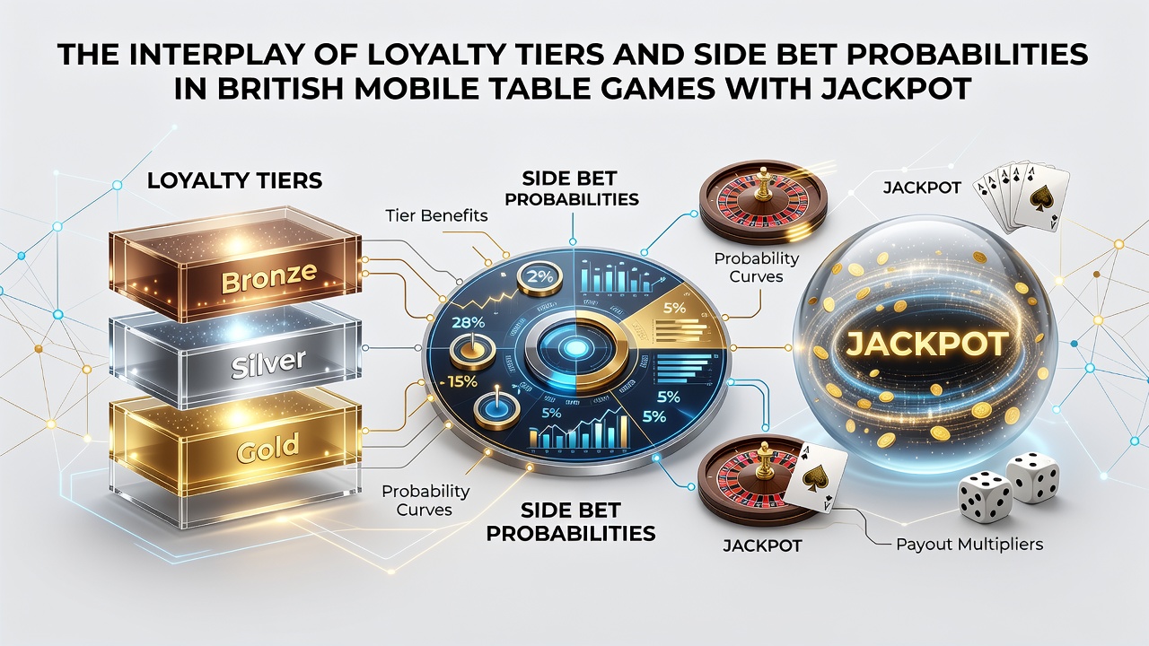 Mobile screen displaying side bet probability charts next to loyalty tier benefits and progressive jackpot counters