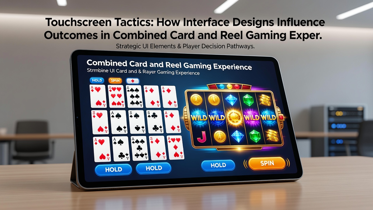 Player interacting with a hybrid gaming touchscreen featuring combined blackjack cards and slot reels, demonstrating gesture controls and layout optimization
