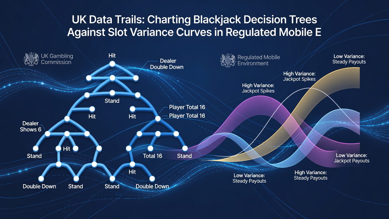 Analytical dashboard displaying overlaid blackjack trees and slot variance curves from regulated mobile sessions