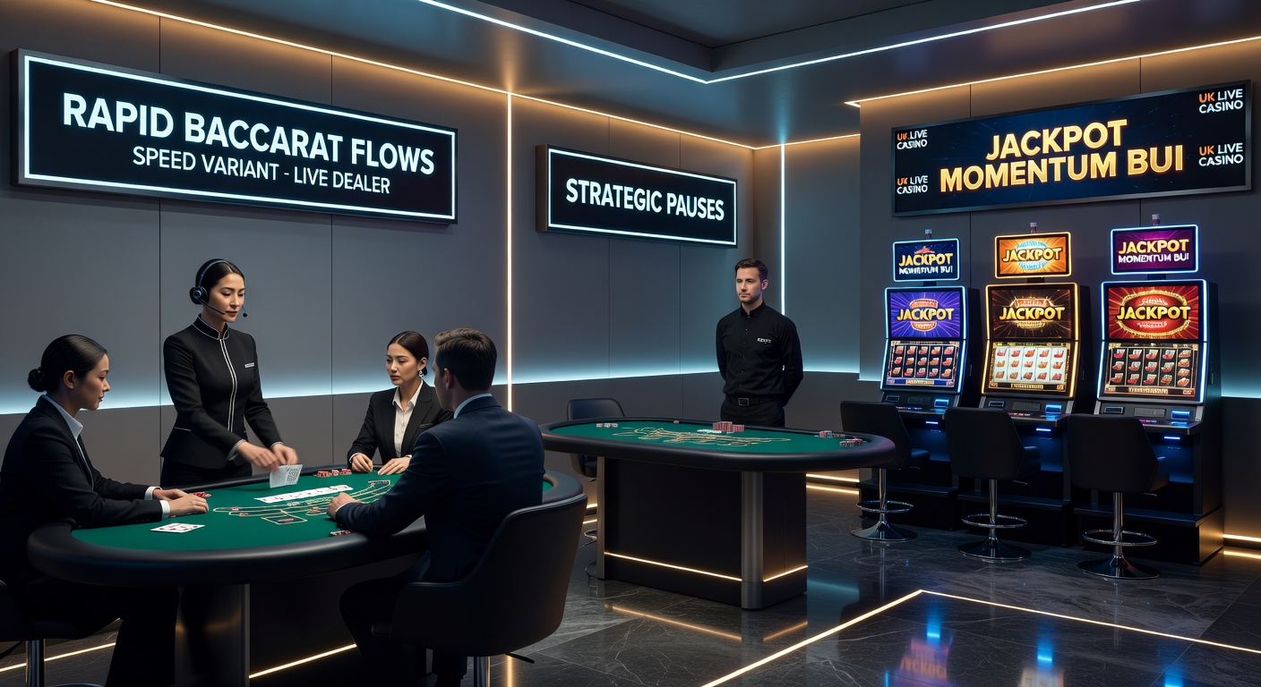 Progressive jackpot slot reels spinning with building meters next to a live baccarat table interface, showing momentum-building action